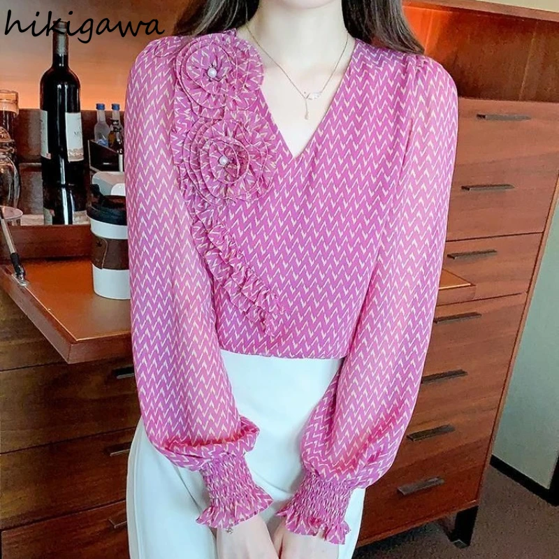 Print Summer Shirts Women Clothes 2024 Blusas Mujer De Moda V-neck Puff Sleeve Loose Blouses Chic 3D Floral Chiffon Blouse Tops