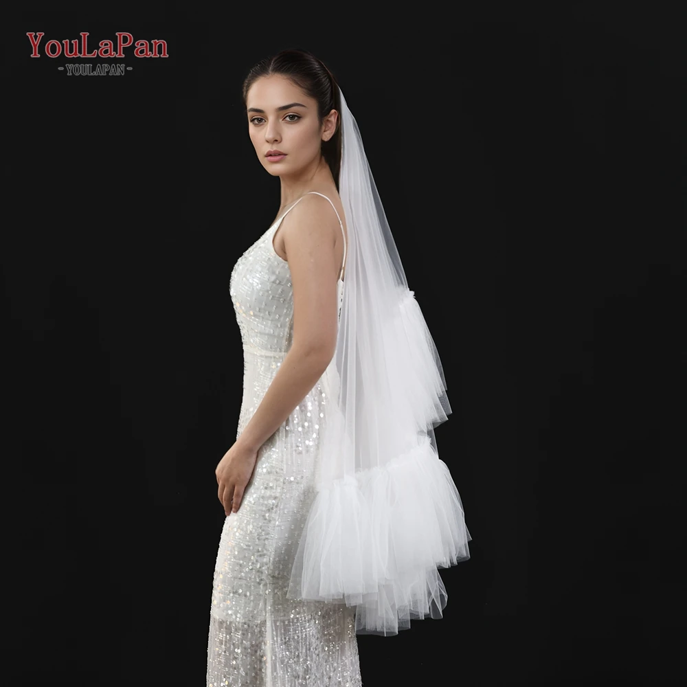 YouLaPan Two Layers Bridal Veils with Blusher Bridal Illusion Tulle Short Wedding Veil in Mesh Ruffled lace Applique Edge V183