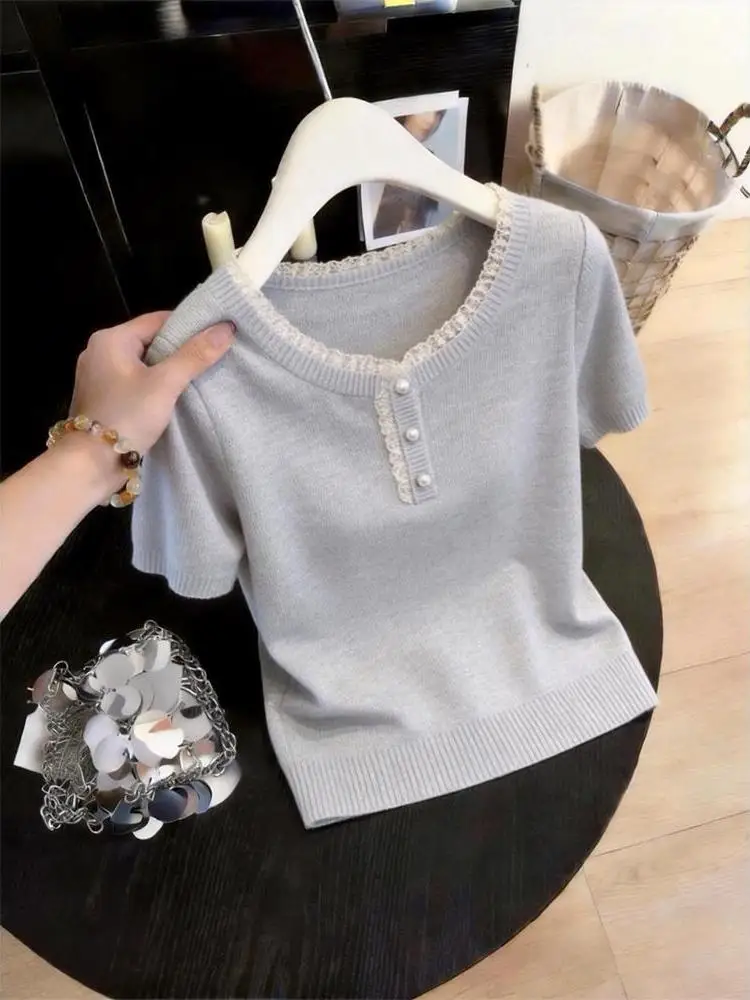 

Lace Trim Splice Loose Women's T-shirt Short Sleeve Breathable Comfortable Korean Style Summer Design Sensation Top