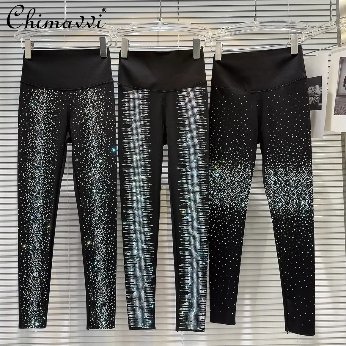 

2024 Autumn Clothes New High-waisted Rhinestone Hot Diamond Elastic Slim Leggings Streetwear Tight Ankle-length Yoga Pants