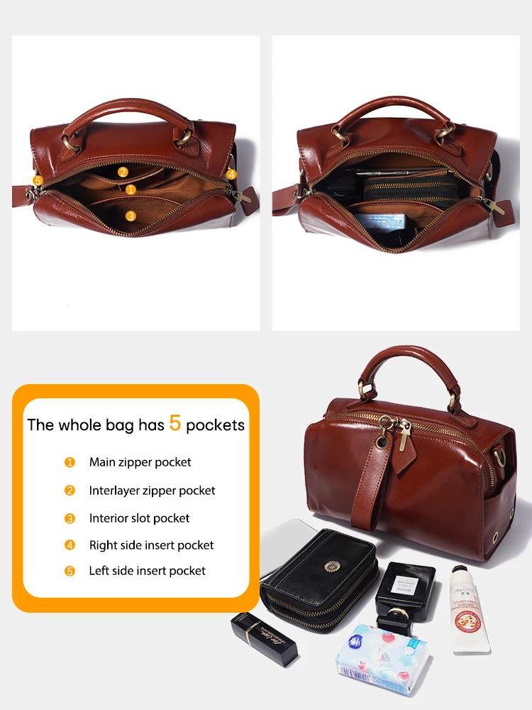 Sac à bandoulière en cuir ciré Zency pour femmes, sac à main avec deux longues sangles