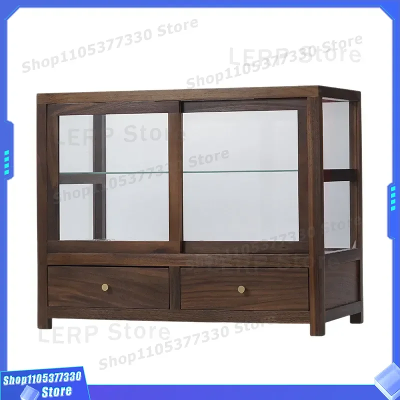 North American Black Walnut Solid Wood Glass Display Cabinet Desktop Tea Set Storage Shelf with Double Drawers Bogu Rack for
