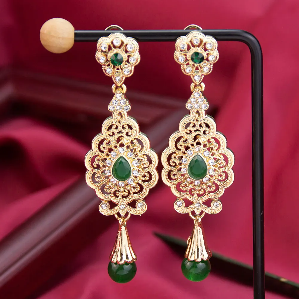 Sunspicems Chic Moroccan Earring For Women Algeria Crystal Ball Long Earring Traditional Arabesque Bride Wedding Jewelry