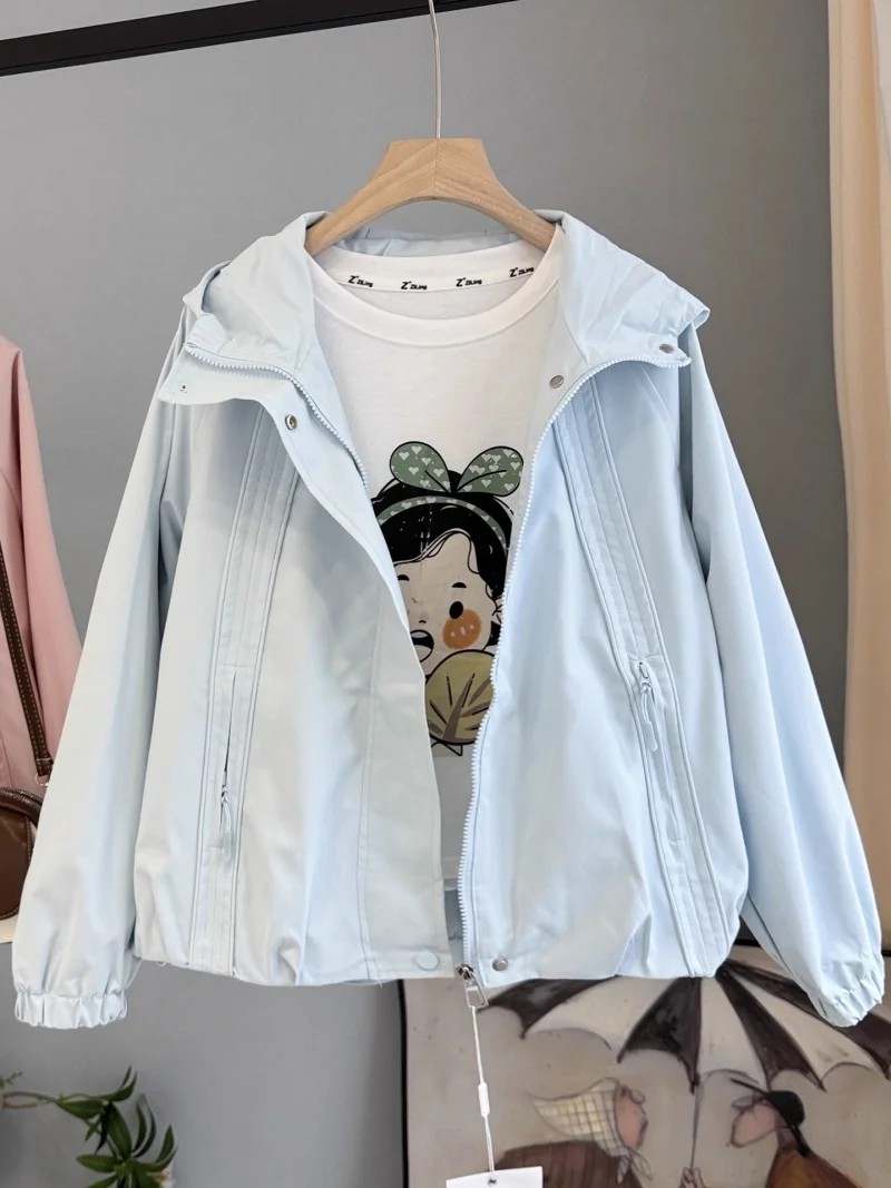 

2025 Early Autumn New Unique Casual Jacket For Women Versatile Loose Zipper Hooded Windbreaker Top w534