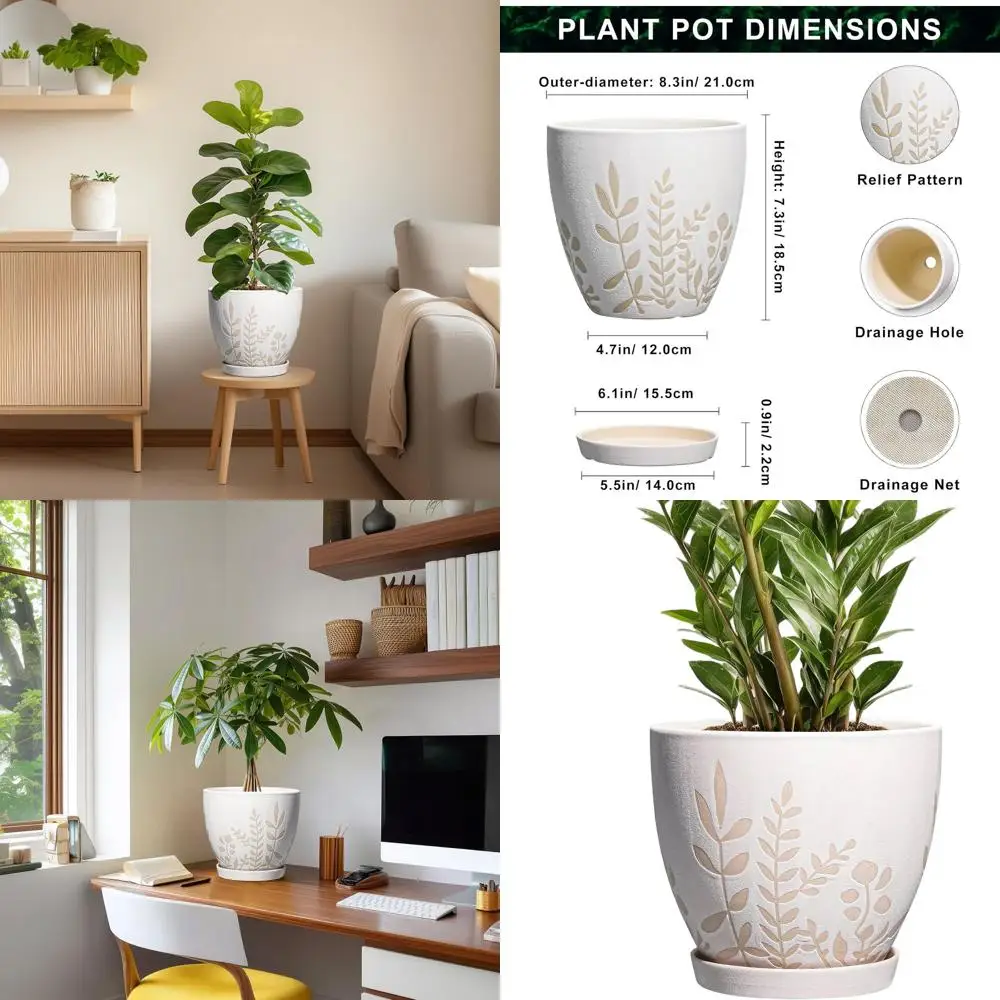 

8 Inch Round Plant Pot with Saucer - White Boho Style for Indoor Plants, Desk or Home Decor, Perfect Housewarming Gift