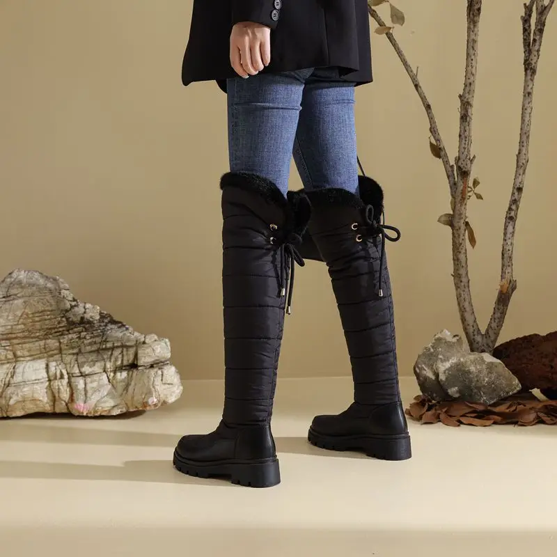 

Girseaby 2025 Warm Women's Winter Snow Boots Round Toe Block Heels Lace-Up Waterproof Leisure Daily Style Over-Knee Size 42-43