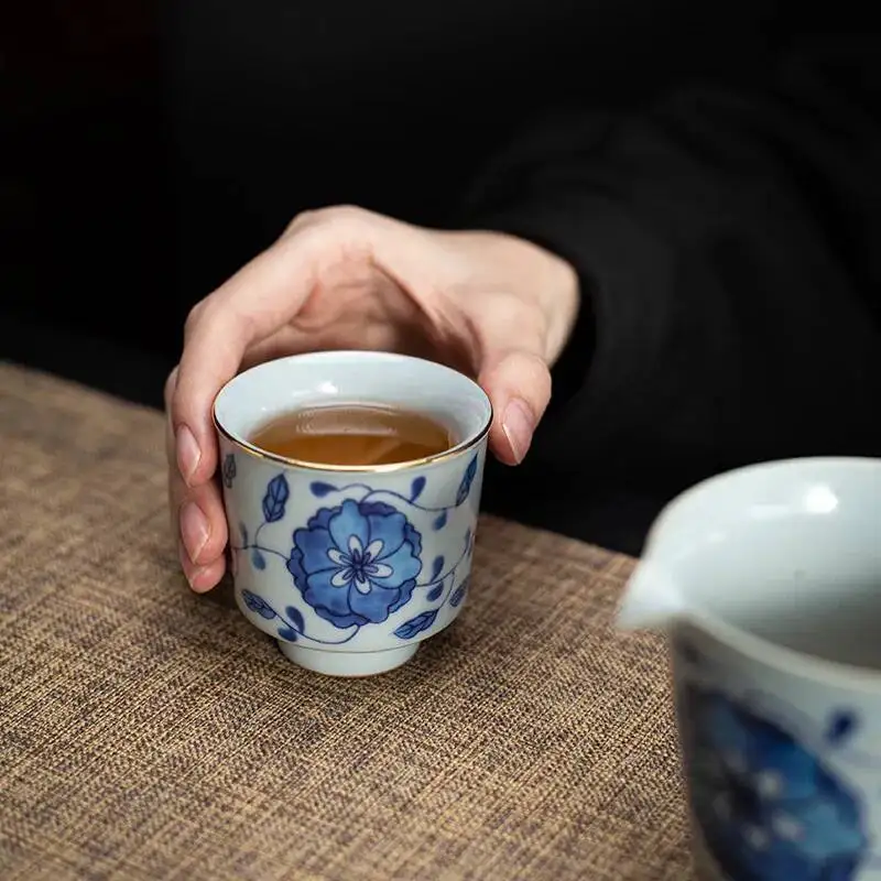 كوب شاي اللوتس الأزرق والأبيض كوب شاي بورسلين أزرق وأبيض كوب شاي كونغ فو من السيراميك كوب رئيسي كبير كوب واحد #3