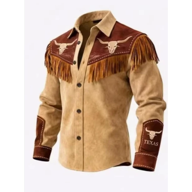 2026 New Men's Slim Fit Denim Jacket with Fringe Western Style Vintage Warm Long Sleeve Four Seasons Universal Polyester