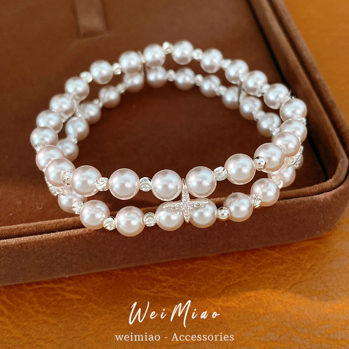 Double Layer White Pearl Bangle Bracelet Sparkling Cross Star Accent Elastic Stackable Hand Chain Elegant Charm Jewelry