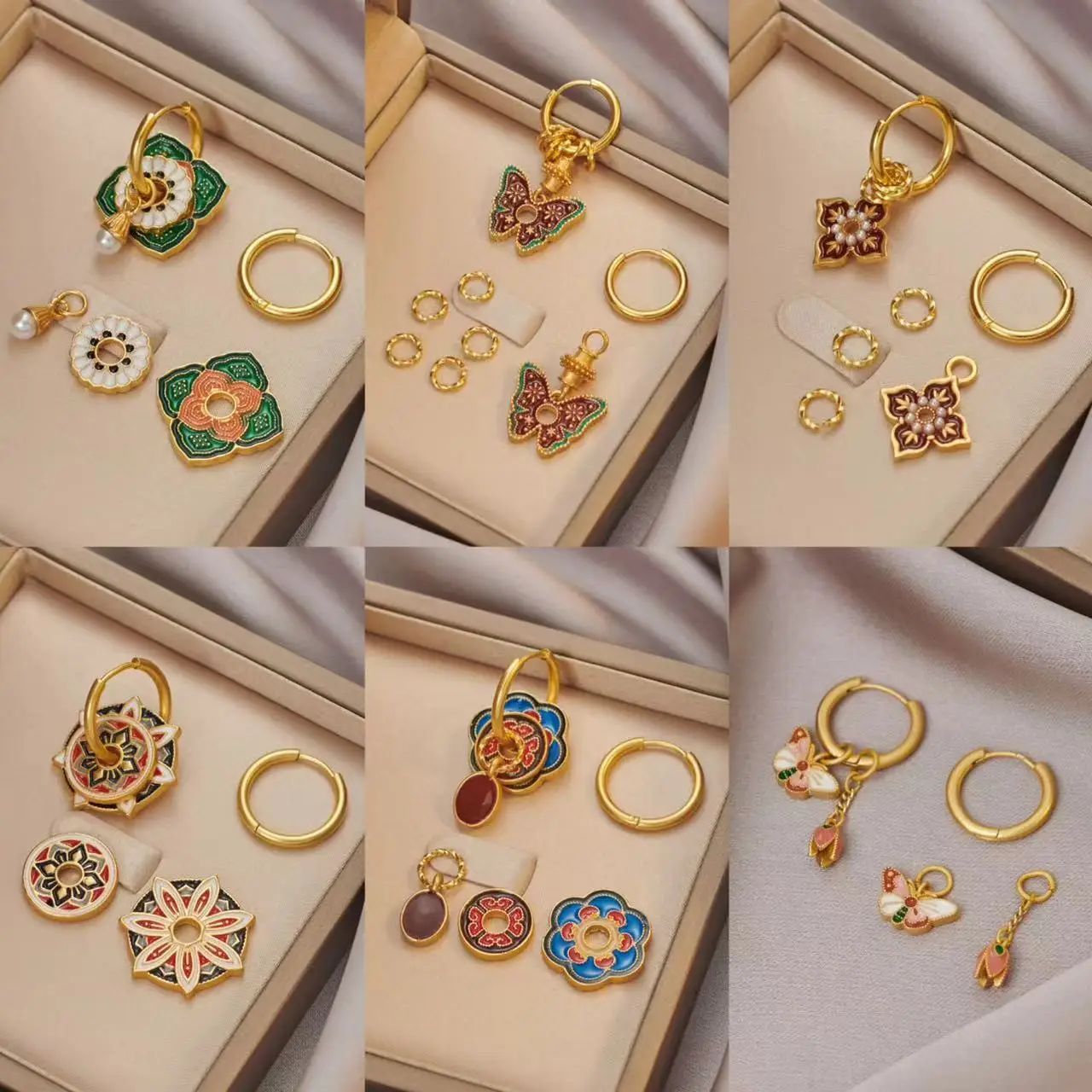 Vintage Chinese Colorful Enamel Earrings for Women Ethnic Design Gold Plated Multiple Wear Ways Flower Shape Luxury Jewelry Gift