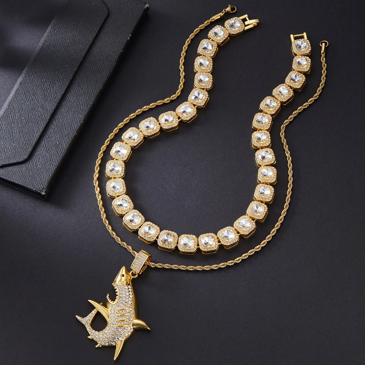 

12.7mm AAA rhinestone zinc alloy solid choker chunky pvd gold plated men necklace hip hop iced out cuban chain link set