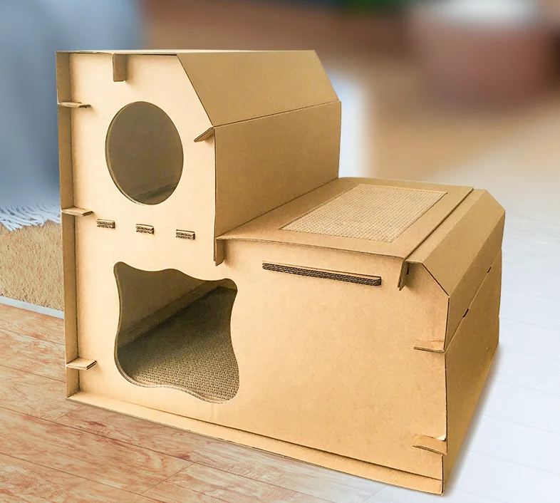 Multi-Level Corrugated Cardboard Cat House With Scratcher Pad Farmhouse Style Cat Bed Cave Hideout