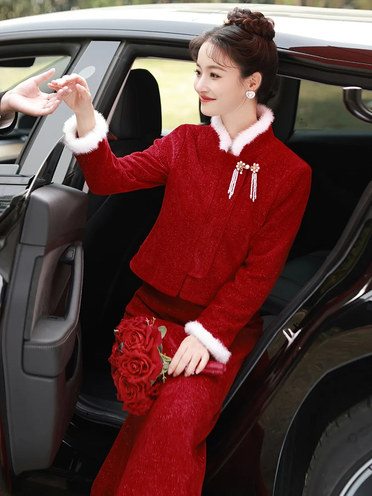 

Wedding Dr Set Chinese Sle Red Qipao Fce Lined Engagement Ceremony Dr Women's Faion Retro Long Sve Gown