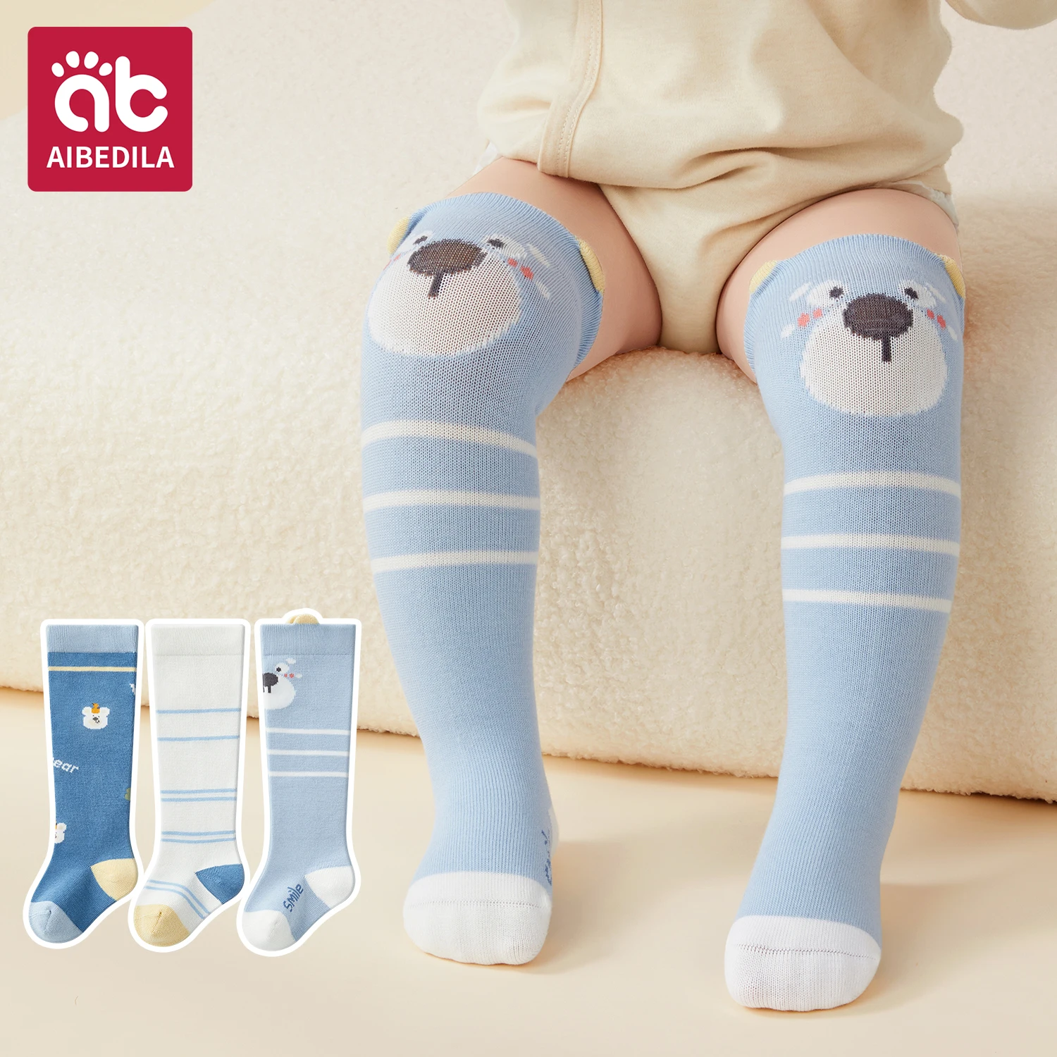 AIBEDILA Baby Socks Cotton Stockings Breathable Warm Baby Knee High Long Socks Cute Newborn Socks Girls Boys 0-3T 3Pairs