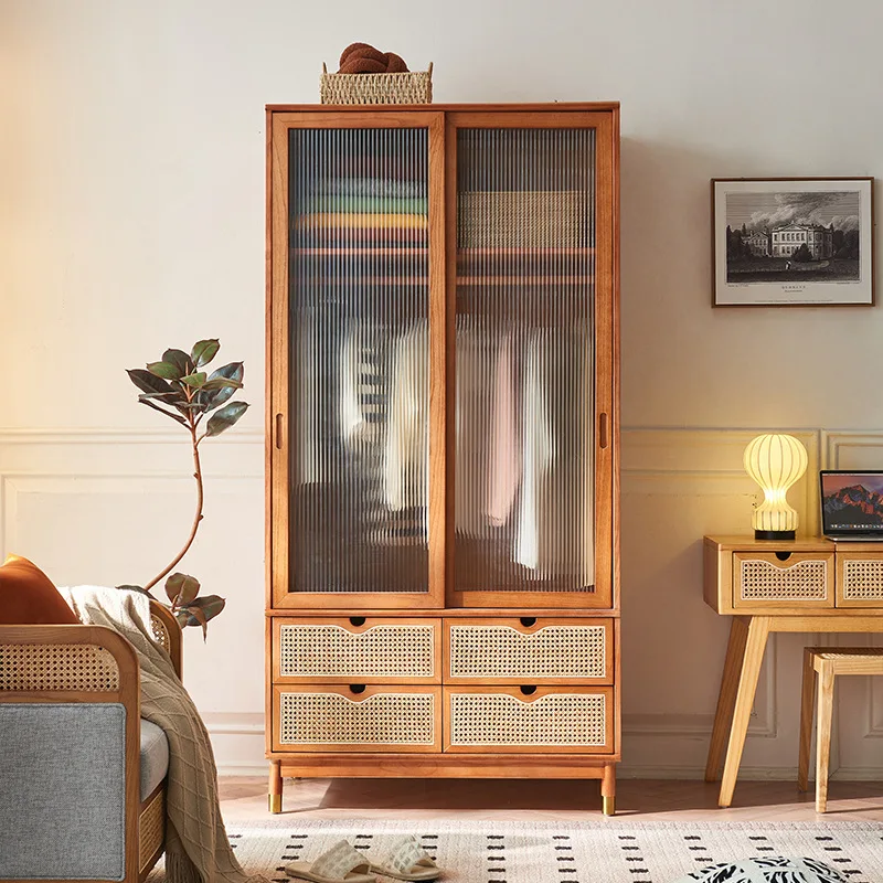 

Customizable solid wood glass cabinet door wardrobe wabi wind bedroom household small apartment with drawers rattan wardrobe