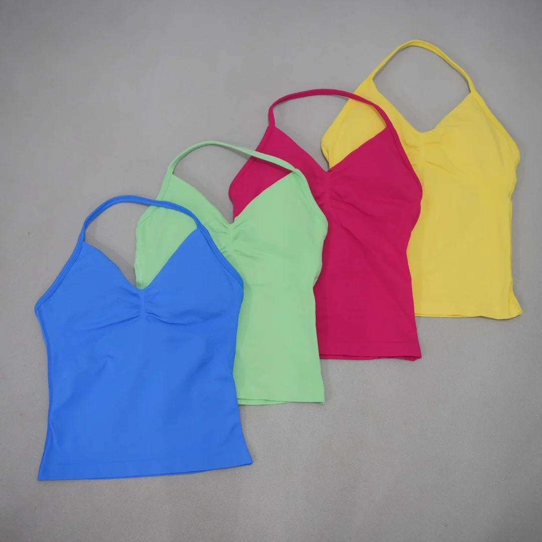 DFDK Women Seamless Longline Strappy Yoga Tank Top V‑Neck Vest With Removable Pads Breathable Gym Workout Running Fitness Sports