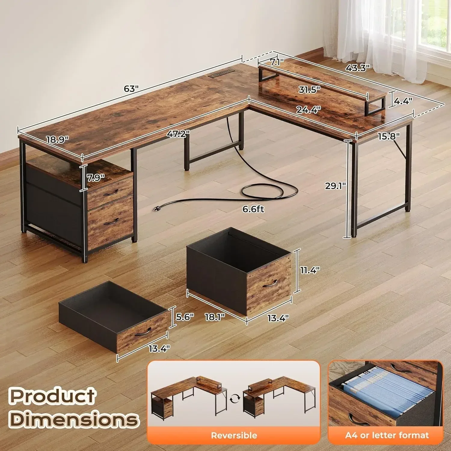 63 Inch L Shaped Desk Power Outlets Usb C Port Computer Corner Home Office Desk File Fabric Drawers Movable Monitor Stand Larger
