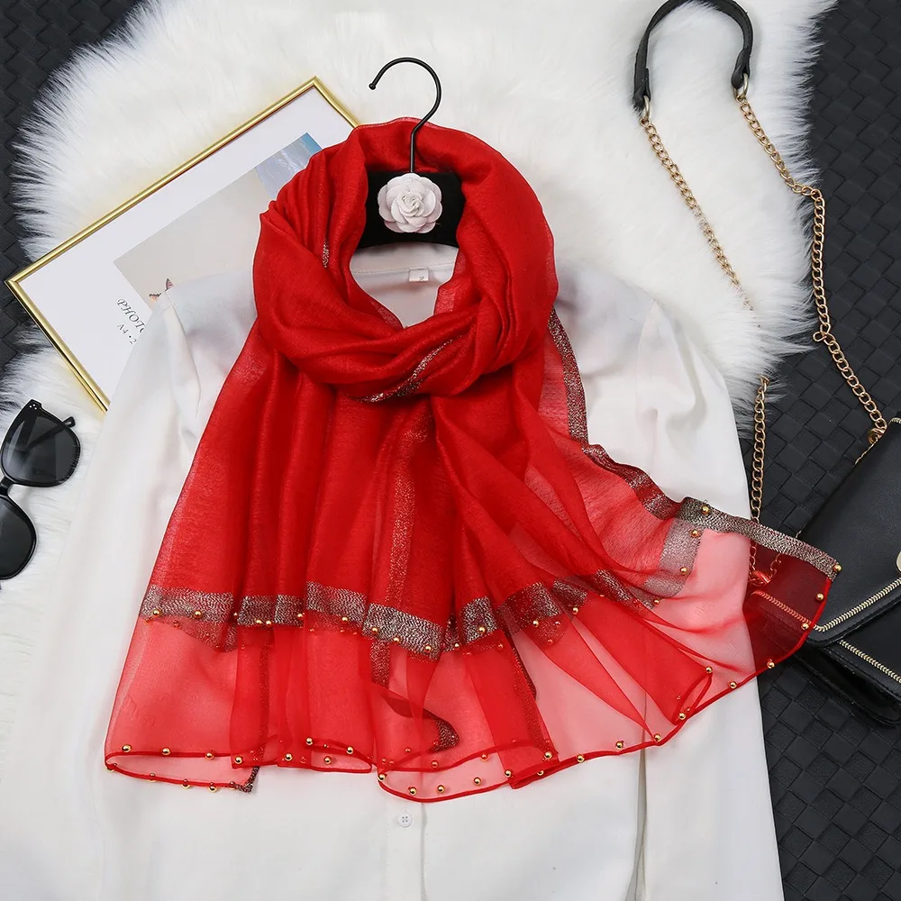 

Headkerchief Bead Luxury Silk Scarf Thin Large Women Hijab Shawls UV Protection Wraps Organza Scarf Daily