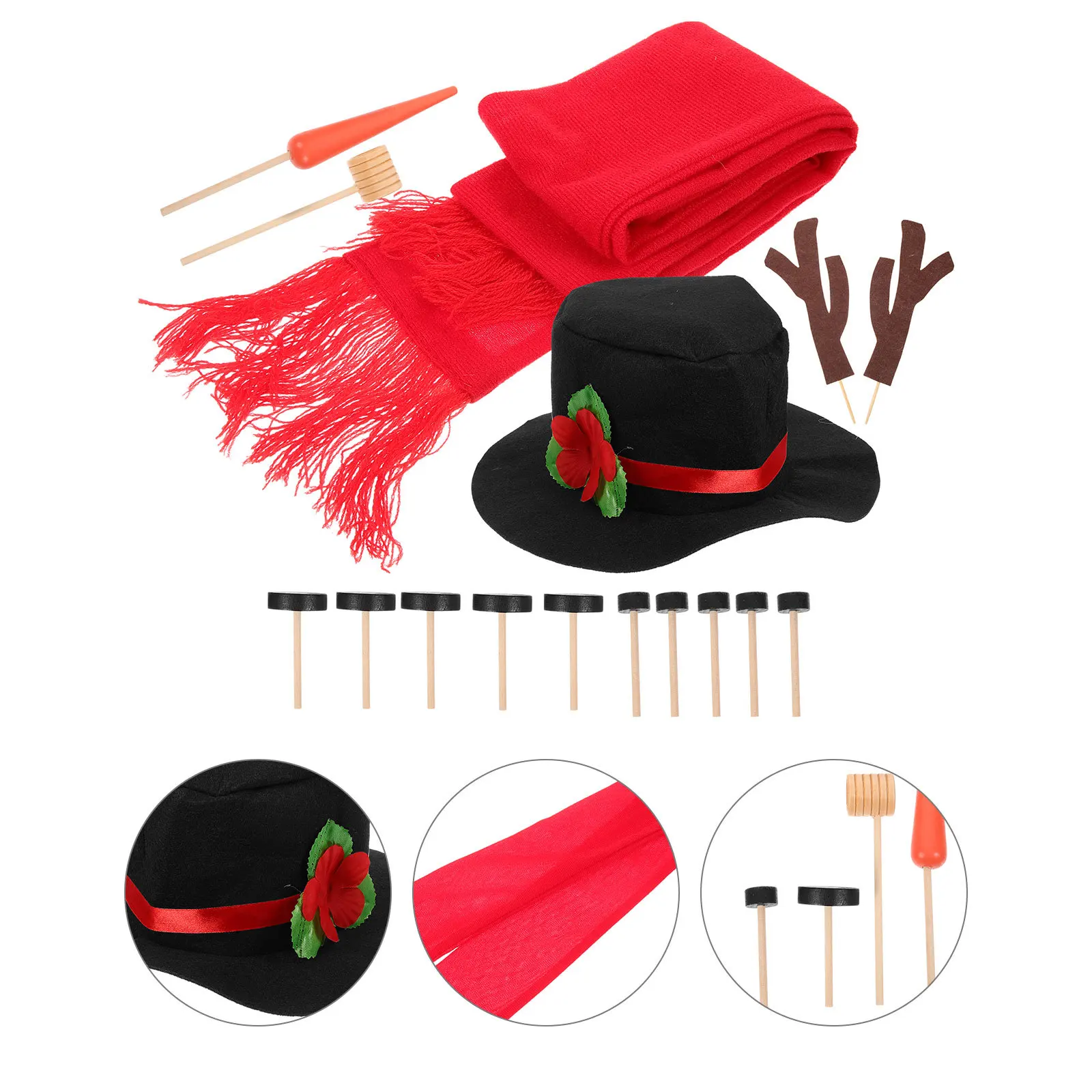

16Pcs Snowman Dressing Kit Black Hat Red Scarf Wooden Eyes Mouth Buttons Nose Winter Christmas Decoration Snowman Kit