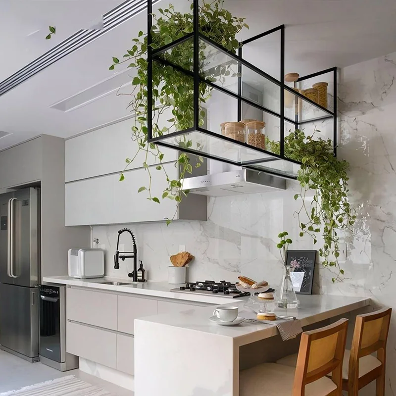 

Customized wrought iron acrylic glass simple kitchen living room bar hanger dining room hanging cabinet upper wall storage rack