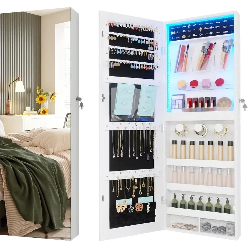 Wall Mount Mirror Jewelry Cabinet with LED Lights, Hanging/Over The Door Jewelry Organizer, Lockable Jewelry Armoire Mirror,