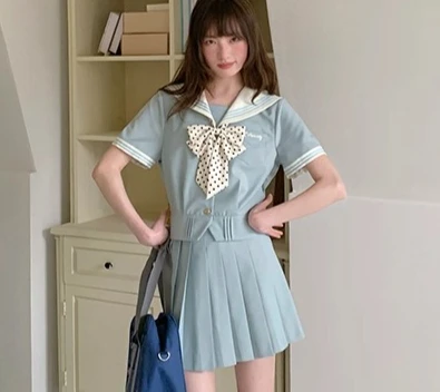 Sweet Jk Uniform Mint Green Navy Collar Short Sleeve Shirt Girl Summer Solid Color Versatile Age-reducing Short Pleated Skirt