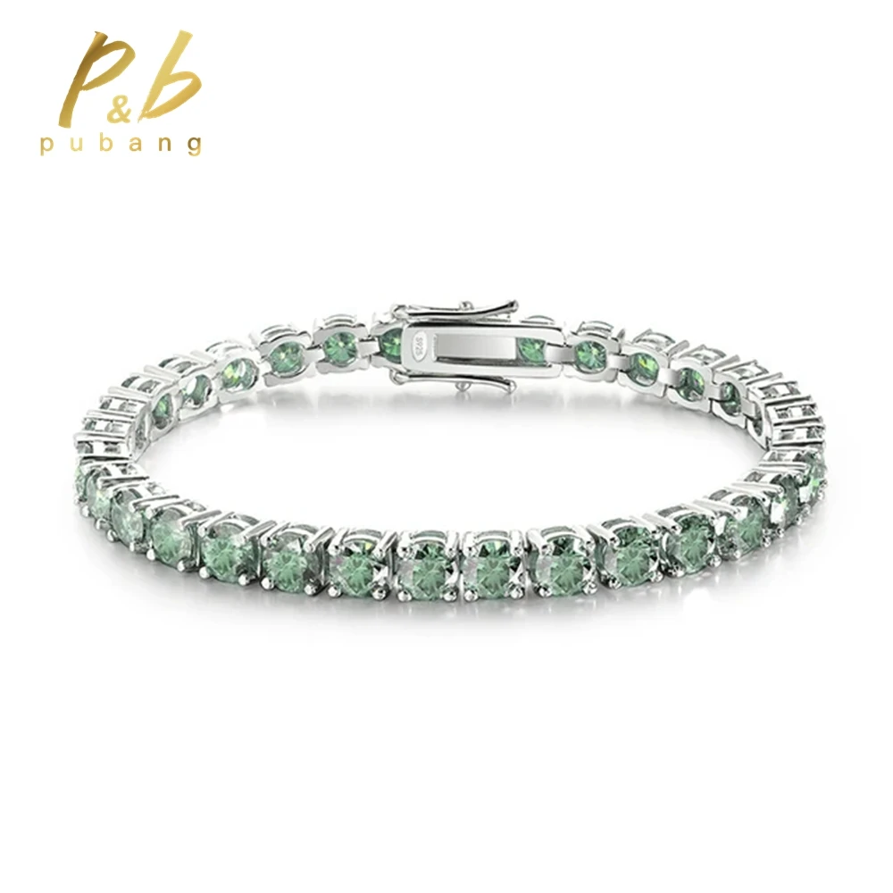 

PuBang Fine Jewelry Solid 925 Sterling Silver 6.5MM GRA Green Moissanite Diamond Tennis Bracelets for Women Men Anniversary Gift