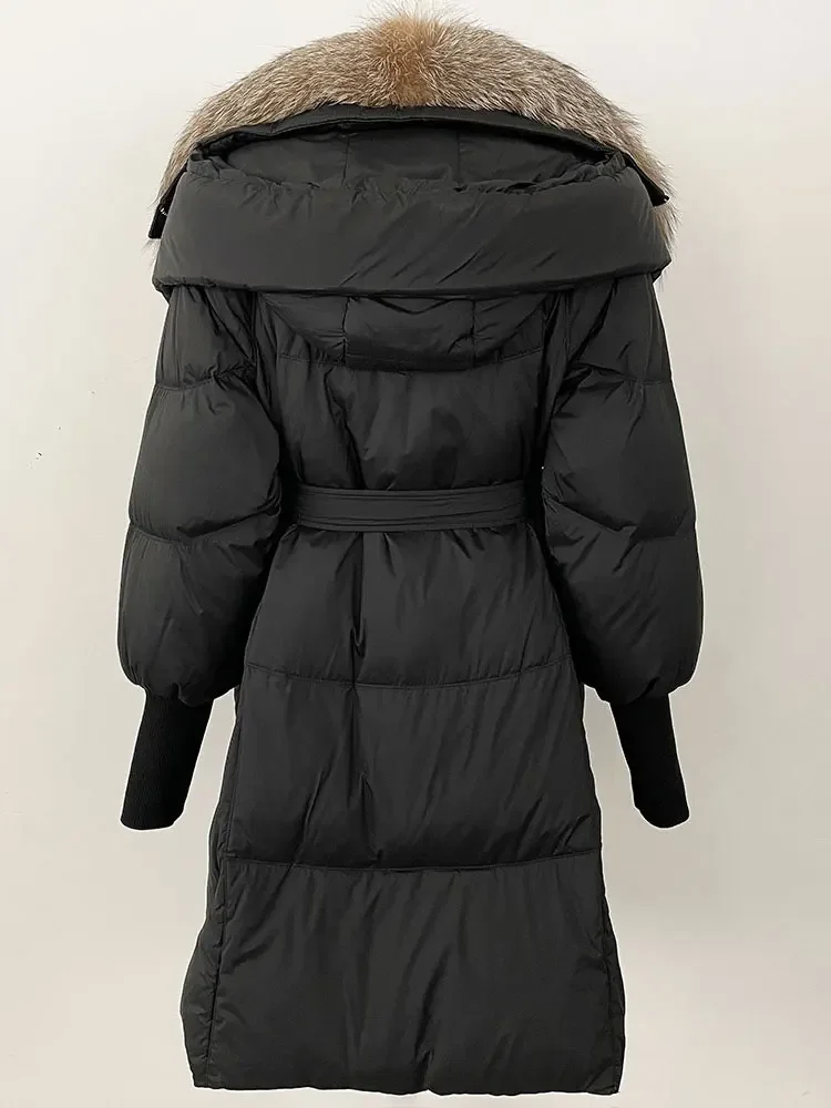 MENHR-Veste Longue en Duvet de Canard Blanc pour Femme, Manteau à Capuche avec Col en Fourrure Naturelle de Renard group, Optique Chaude et Décontractée, Nouvelle Collection Hiver 2024