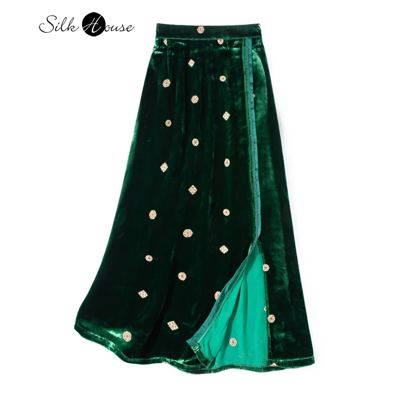 

Юбка-труба в ретро-стиле с вышивкой цветами и зелеными узорами, из 30% натурального шелкового бархата, с эластичным поясом и разрезом