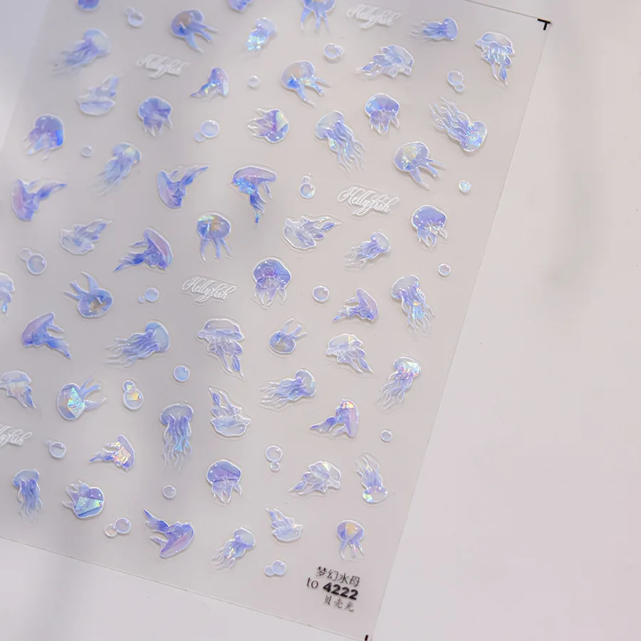 5D Shiny Jellyfish Bubble Nail Art Sticker Sea Creature Shimmery Blue Jellyfish Bubbles Underwater Fantasy Adhesive Manicure Dec