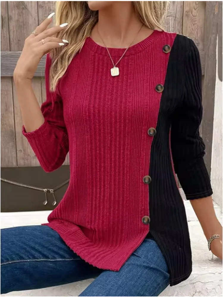 Autumn Round Neck Long Sleeve Shirt Women's Color Block Button Up T-Shirt Casual Comfortable Top