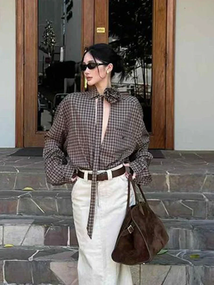 Jmprs-camisas a cuadros Y2K caladas para mujer, ropa de calle Vintage, blusa con cordones florales en 3D, Top informal holgado gótico de manga larga americano