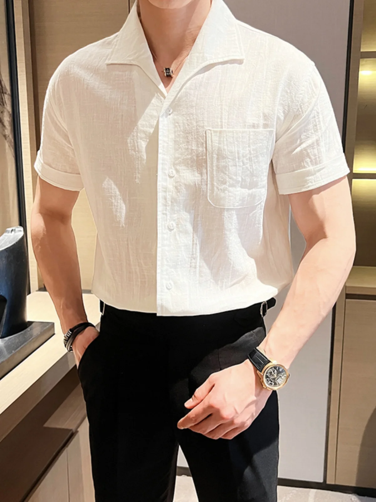 Solid Color Short Sleeve Shirts Men's 2024 Summer Loose Comfort Casual Half Sleeve Trendy Male Single Row Multi-Buckle Shirt