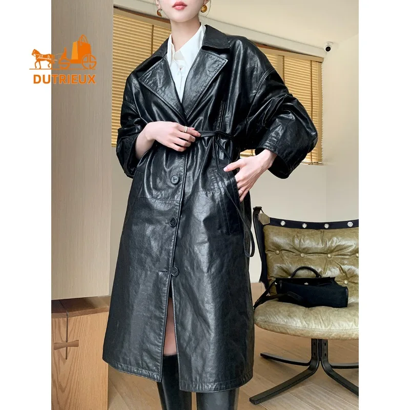 2025 New Autumn Women's Trench Coat Style Mid-length Genuine Leather Jacket, 100% Genuine Sheepskin, Women's Loose Fashion Coat