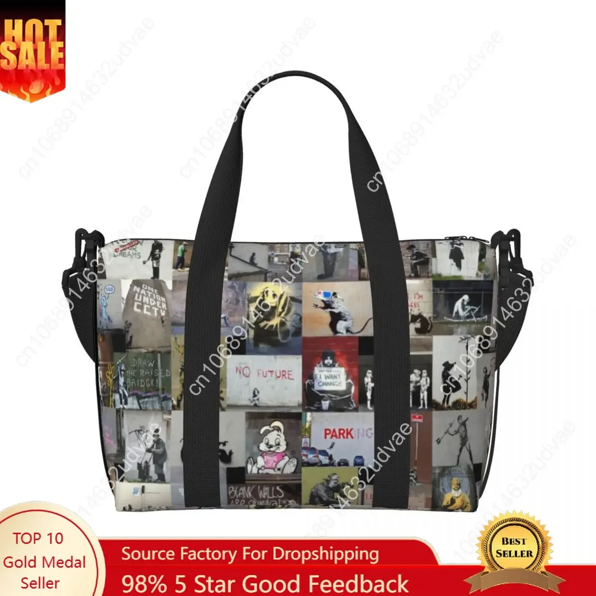Tas Tote Banksy Inggris Kustom untuk Wanita Kapasitas Besar Tas Perjalanan Pantai Gym Seni Jalanan Grafiti
