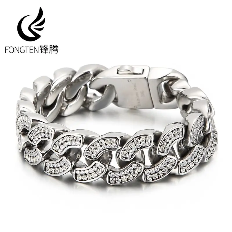 

Fongten Mighty Изысканный браслет из нержавеющей стали со стразами для мужчин, уличный тренд, аксессуар для рэпера, модные украшения, подарки для банкета