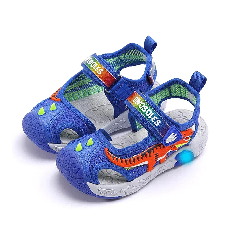 DINO Summer 4-6Y Boys Sandals Children Fabric Breathable T-REX LED Flashing Little Kids Dinosaur Light Up Closed Toe Beach Shoes