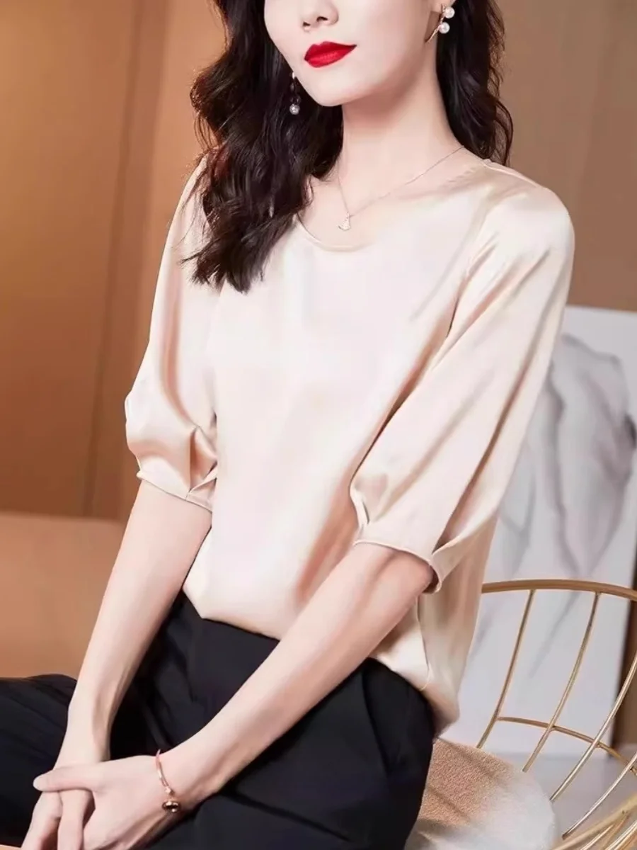 

Silk Satin ort Sve T-irt Women's Lantern Sve Top Faionable New 2024 round Ne Pure Color Five-Quarter Length