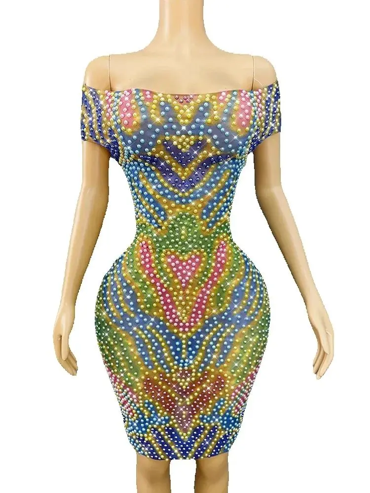 Robe élastique en maille asymétrique épaule dénudée, strass de haute qualité, Sexy, nouvelle mode, vêtements personnalisés pour femmes, 2025