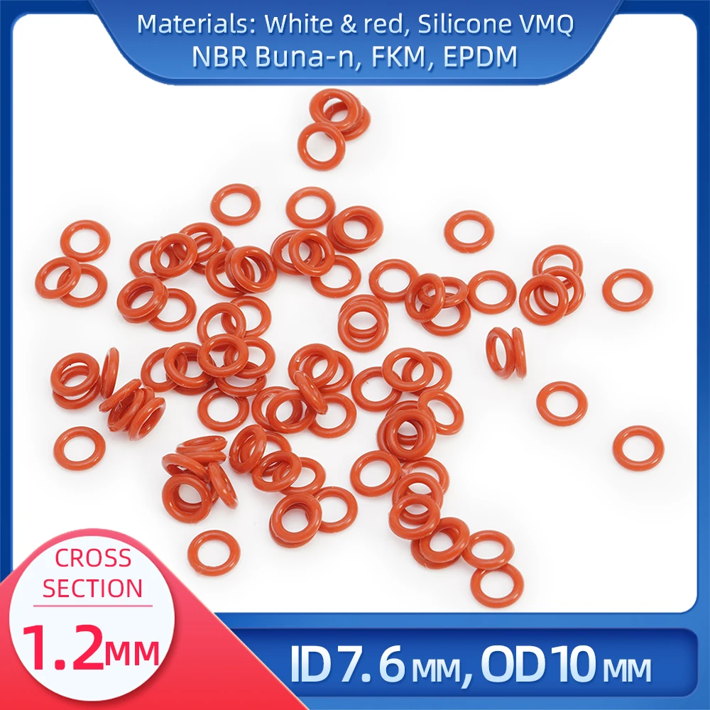 

O Ring CS 1.2mm ID 7.6mm OD 10 mm Material With Silicone VMQ NBR FKM EPDM ORing Seal Gasket