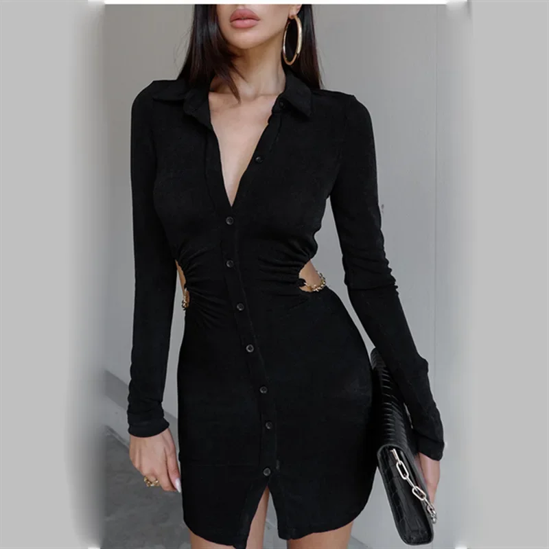 

Long Sleeve Hollow Chain Patchwork Mini Shirt Dress Fall/Winter Women's Lapel Single-breasted Skinny Sexy Streetwear Party Club