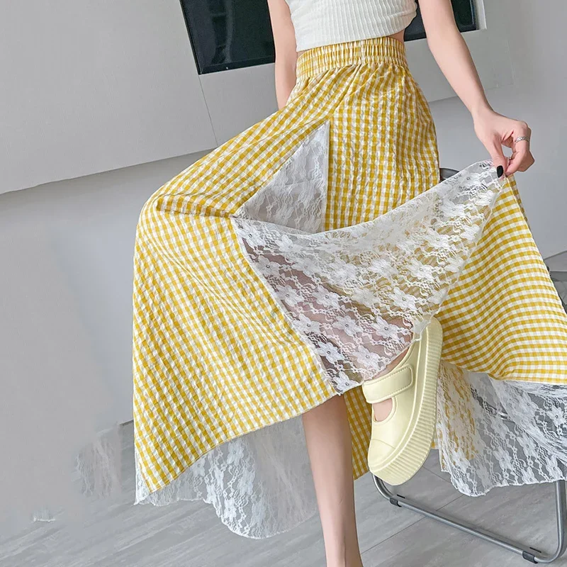 Korean Lace Patchwork Plaid Skirts Women Summer Sweet High Waist A Line Skirt Woman 2025 Fashion Pleated Loose Long Skirts Mujer