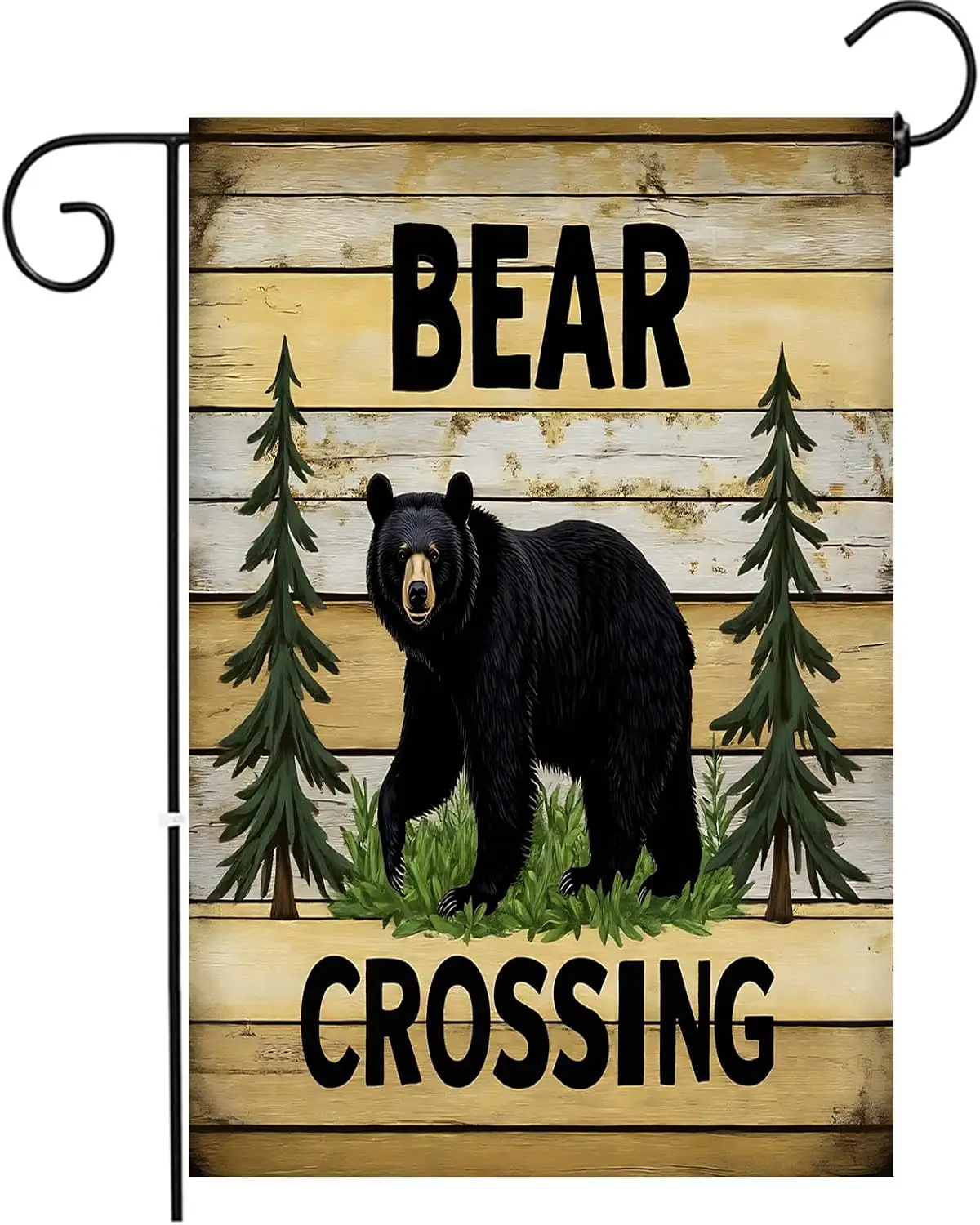 Ramirar Black Bear Crossing Green Forest Trees Field Cabin Retro Brown Wood Fall Y'all Autumn Decorative Garden Flag Yar uui