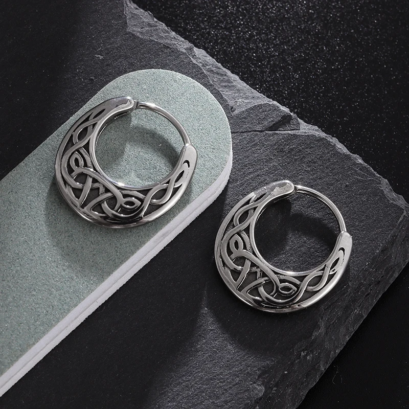 Vintage Nordic Celtic Knot Hoop Earrings Men Womens Gothic Punk Hypoallergenic Jewelry Holiday Style Gift image 2