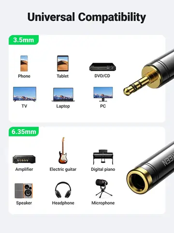Адаптер UGREEN 3,5 мм на 1/4 дюйма, переходник с 3,5 мм (1/8 дюйма) штекером на 6,35 мм (1/4 дюйма) аудиоразъем, конвертер для наушников и колонок