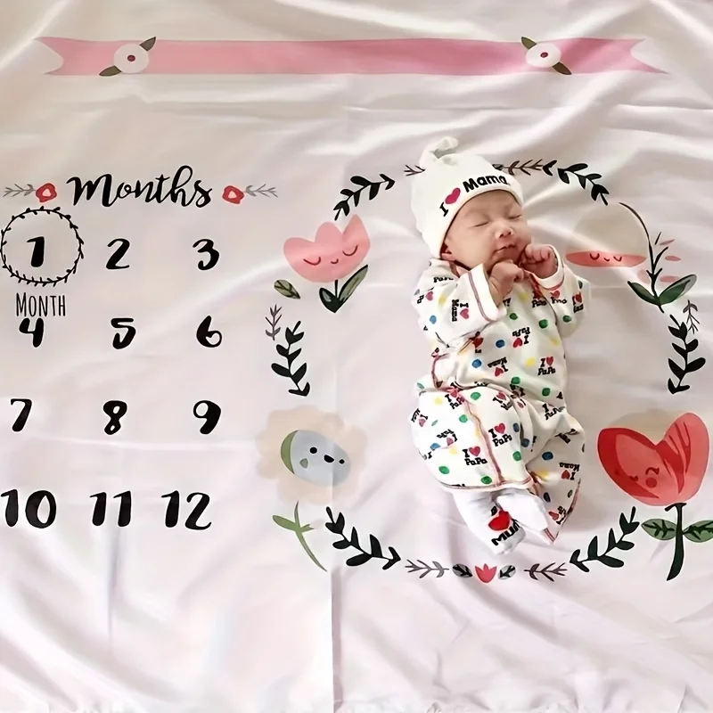 VIKAMA Tulip Floral Print Baby Full Moon Photography Blanket, Newborn Baptism, Growth Milestone Commemorative Calendar Blanket