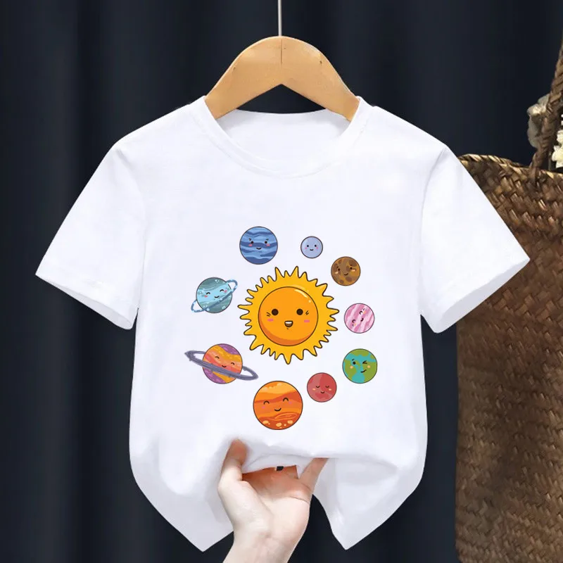 Hot Sale Planets Solar System Print Cartoon Kids T shirt Astronaut Funny Girls Summer Tops Baby Boys Clothes Children T-shirt