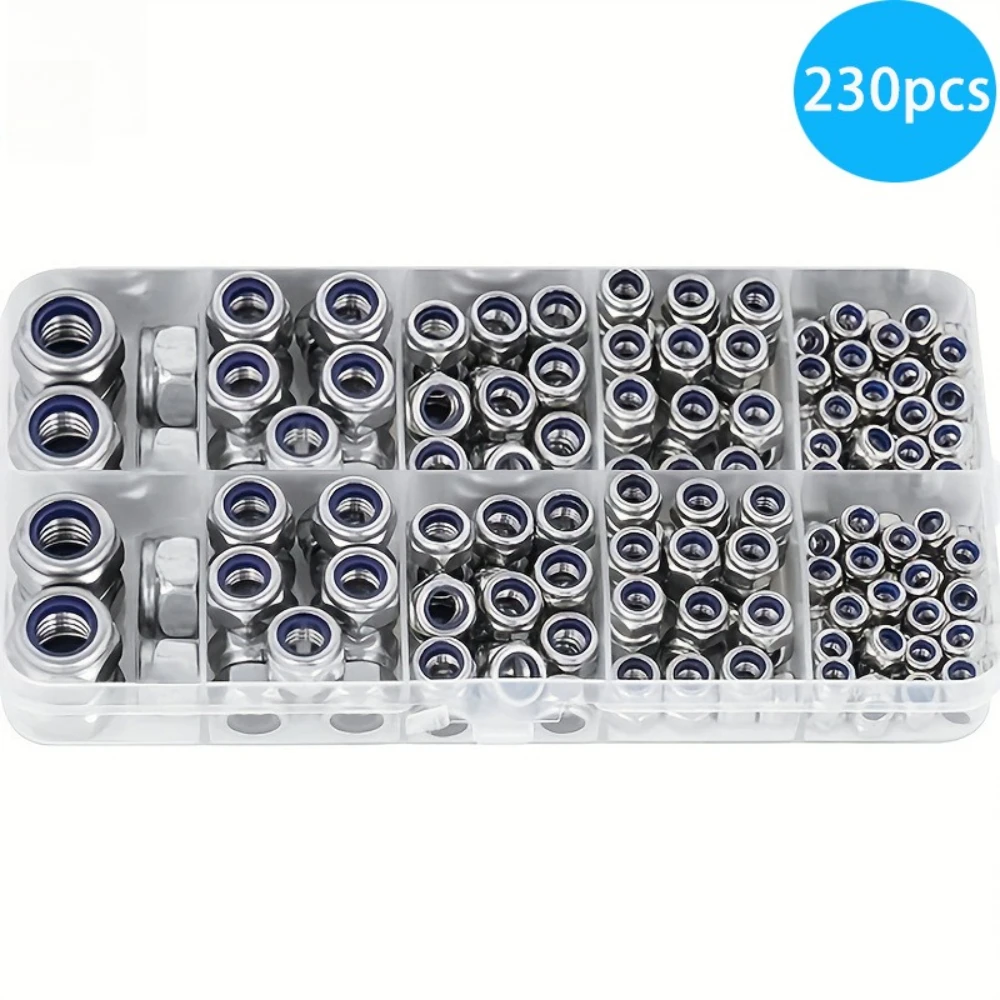 230pcs 304 Stainless Steel Anti-loosening Nuts M3 M4 M5 M6 M8 Blue-inlaid Nylon Lock Nuts Hexagon Self-locking Woodworking Nuts
