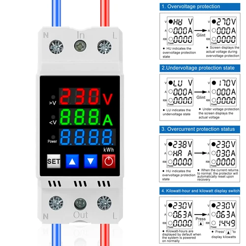 Imagen 2 del producto Relé Protector de dispositivo de protección de sobretensión y bajo voltaje ajustable, carril Din 40A 63A 230V con protección contra sobrecorriente