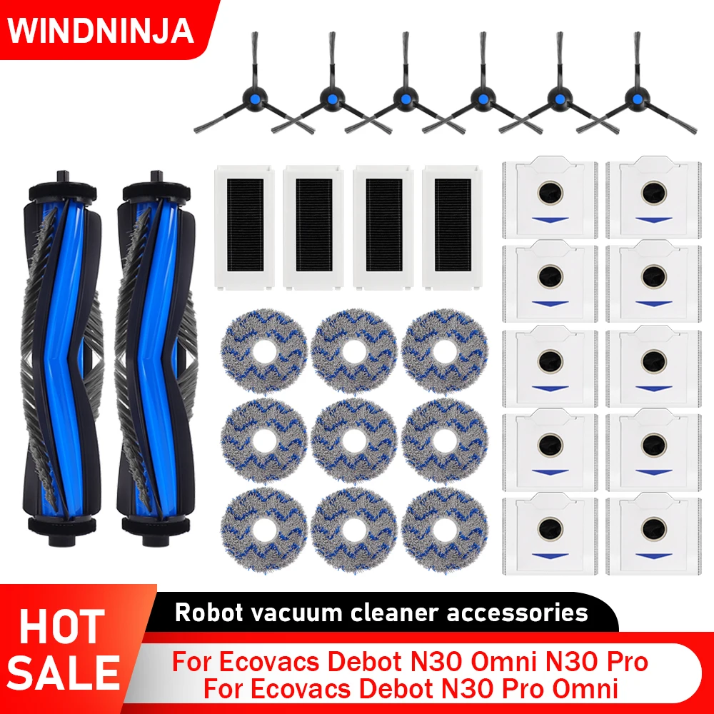 

Запасные аксессуары для робота-пылесоса Ecovacs Debot N30 Omni, N30 Pro, N30 Pro Omni: основная и боковые щетки, салфетки для влажной уборки, мешки для сбора пыли, фильтры.
